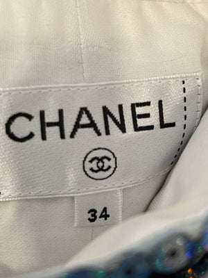 *HOT* Chanel 19P Blue Sequin Cropped Top and Short Set with Embellished Buttons Size FR 34 (UK 6) RRP £9,150