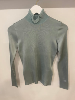 Hermès Baby Blue Silk Long-Sleeve Top with Ruffle Collar Detail Size FR 34 (UK 6)