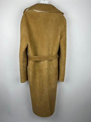 Christian Dior Tan and Cream Reversible Suede and Shearling Coat with Embroidered Logo and Belt Size FR 38 (UK 10)