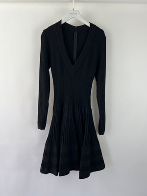 Alaia Black Long Sleeve Rib Knit A-Line Dress with V-Neckline Size IT 40 (UK 8)