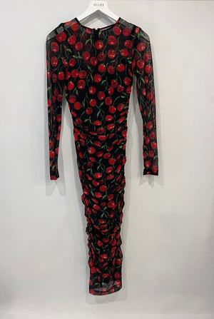 Dolce & Gabbana Black and Red Long Sleeve Ruched Dress with Cherries Print Details Size IT 40 (UK 8)