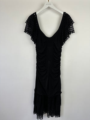 Chanel 07C Black Short Sleeve Midi Dress With Crochet and Ruching Detail FR 36 (UK 8)