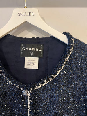 Chanel Navy, Black and White Tweed Short-Sleeve Jacket with Silver CC Buttons Size FR 40 (UK 12) RRP £3,550