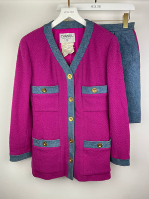 Chanel Fuchsia Pink Tweed Longline Blazer and Mini Skirt Set with Denim Trim & Gold Logo Button Detail Size FR 40 (UK 12)