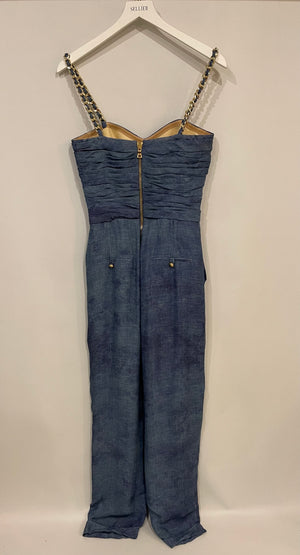 Balmain Denim Blue Silk Jumpsuit with Gold Chain-Straps and Buttons Detail Size FR 38 (UK 10)