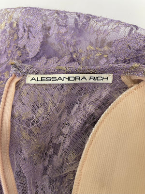 Alessandra Rich Lilac & Gold Lace Ruched Gown Dress Size IT 42 (UK 10)