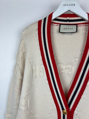 Gucci Cream, Red and Blue GG Knit Wool Blend Cardigan with Stripe Trim and Gold Buttons Size S (UK 8)