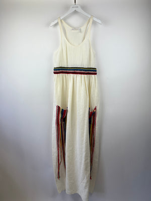 Chloe White Maxi Strap Dress with Crochet Pocket and Waist Detail Size FR 38 (UK 10)