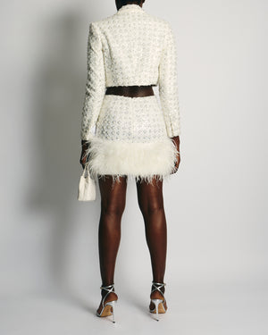 Nadine Merabi Clara White Embellished Blazer and Skirt Set with Feather Detail Size S (UK 8)