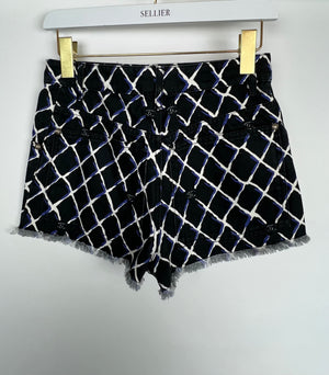 Chanel Black Denim Mini Shorts with Quilted Print in Blue & White with Anchor Button Detail Size FR 34 (UK 6)