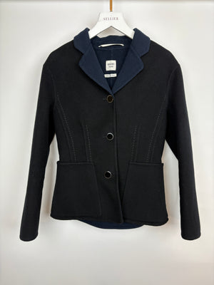 Hermès Black & Navy Cashmere Tailored Jacket With Enamel Buttons and Stitch Detail Size FR 36 (UK 8)