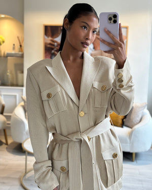 Balmain Beige Longline Belted Jacket with Gold Button Pocket Detail Size FR 46 (UK 18)