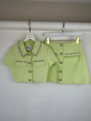 Self-Portrait Lime Green Cropped Short Sleeve Jacket and Skirt Tweed Set with Crystal Embellishment Details Size (UK 8)