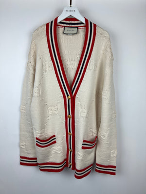 Gucci Cream, Red and Blue GG Knit Wool Blend Cardigan with Stripe Trim and Gold Buttons Size S (UK 8)