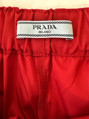 Prada Red Nylon High-Waist Shorts with Leather Plaque Detail Size IT 40 (UK 8)