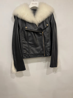 Chanel Black Leather Asymmetric Jacket with White Fur Details and Logo Buttons Detail Size FR 34 (UK 6)