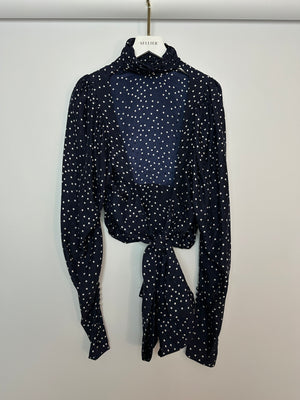 Magda Butrym Navy and White Long Sleeve Polka Dot Silk Blouse with High Neck and Back Tie Size FR 34 (UK 6)