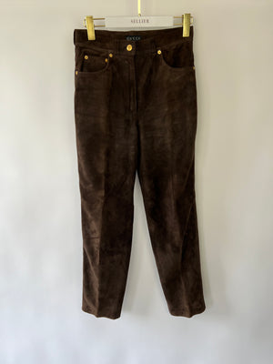 Gucci Chocolate Brown Suede Trousers with GG Print Logo Pocket Detail Size IT 42 (UK 10)