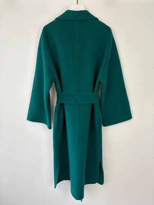 Theory Teal Green Wool Knee Length Belted Coat With Cropped Wide Sleeves Size Medium (UK 10)