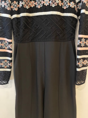 Elie Saab Black Long-Sleeve Jumpsuit with Crochet Floral Details Size FR 38 (UK 10)