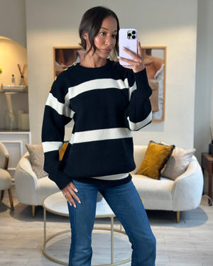 Louis Vuitton Black, White Stripe Knitted Jumper with Gold Anchor Button Detail Size XS (UK 6)