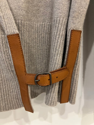 Hermès Grey Cashmere Sleeveless Top and Cardigan Set with Brown H Leather Belt Detail Size FR 40 (UK 12)