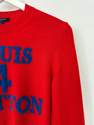 Louis Vuitton Crewneck Knit Jumper in Geranium Red with Navy Logo Size XS (UK 6) RRP £985