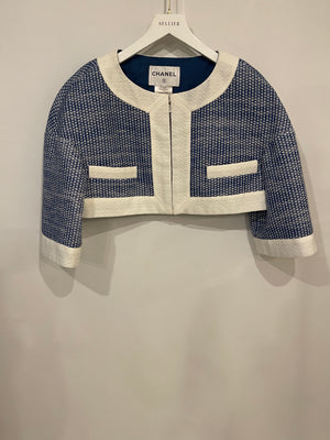 Chanel Blue and White Mid-Sleeve Cropped Jacket with Zip and Pockets Size FR 38 (UK 10)