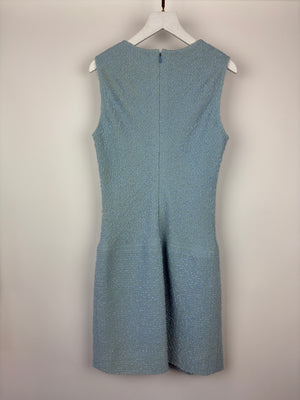 Chanel 97C Light Blue Tweed Longline Blazer and Midi Dress Set with Perspex & Gold CC Button Detail Size FR 40 (UK 12)