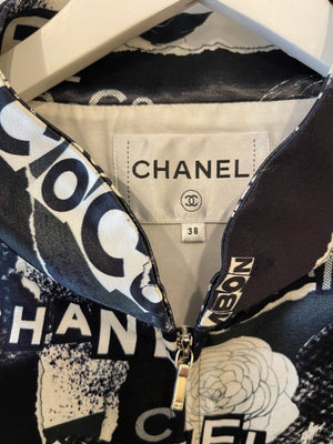 Chanel Navy Logo Printed Bomber Jacket with Embellished CC Button Details Size FR 38 (UK 10)