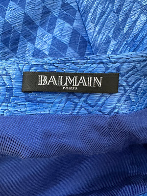 Balmain Bright Blue Woven Curved Hem Mini Skirt With Silver Zip Detail Size FR 36 (UK 8)