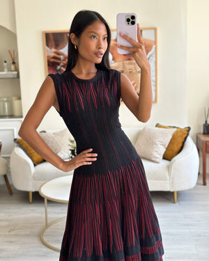 Alaia Black and Red Stripe Knit Sleeveless A-Line Midi Dress with Round Neckline Size IT 40 (UK 8)