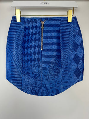 Balmain Bright Blue Woven Curved Hem Mini Skirt With Silver Zip Detail Size FR 36 (UK 8)