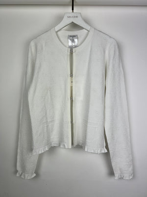 Chanel 24P White Fine Knit CC Long Sleeve Cardigan with Silver CC Crystal Clasps Size FR 40 (UK 12)