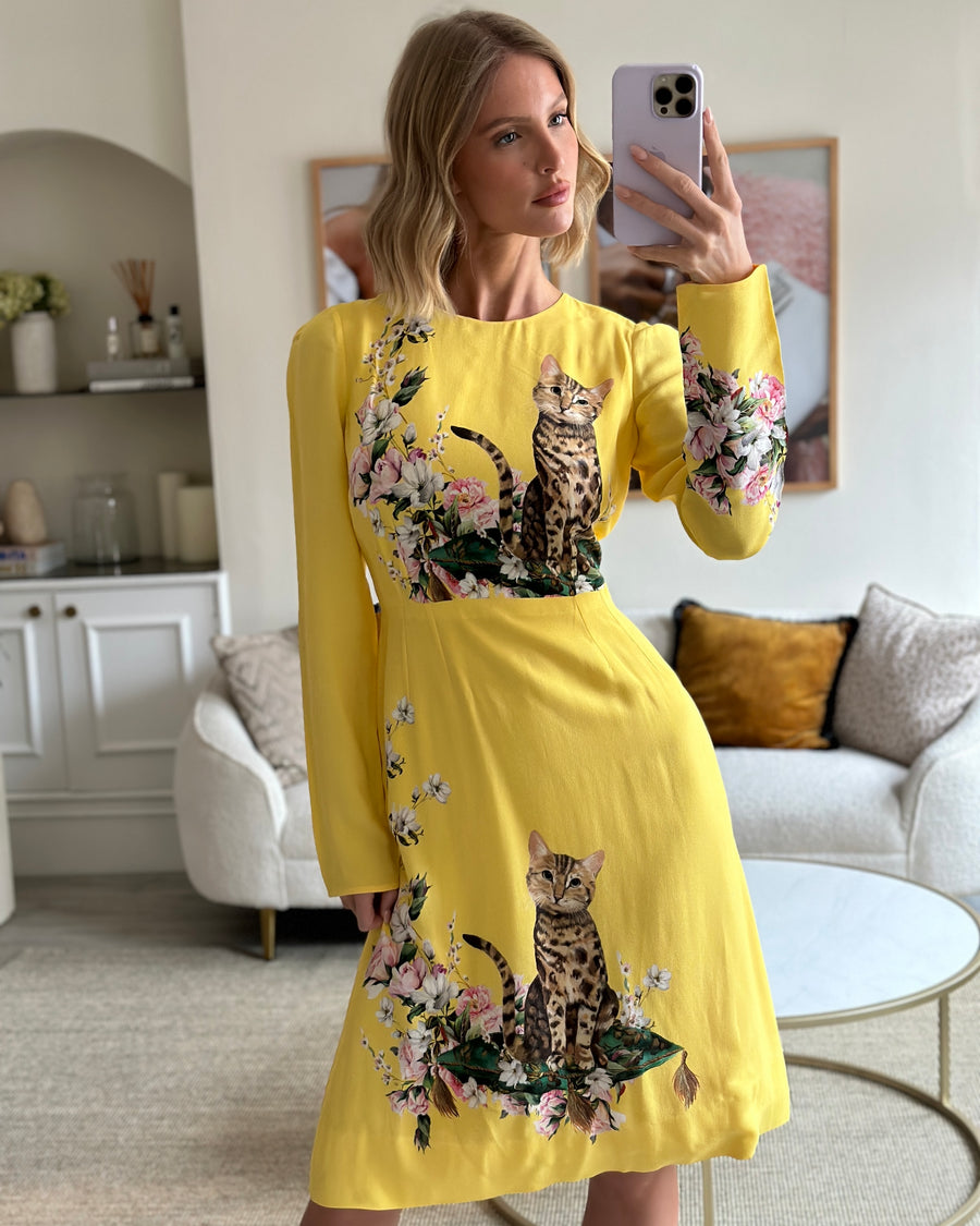 Dolce & Gabbana Yellow Long Sleeve Midi Dress with Cat and Floral Print Size IT 42 (UK 10)