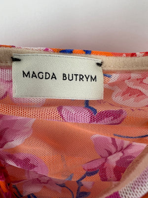 Magda Butrym Orange, Pink and Blue Floral Mesh Midi Dress with Ruching Size FR 36 (UK 8)