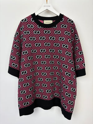 Gucci Black and Pink Striped Short Sleeve Knit Jumper with Silver Thread GG Logo Detail Size IT 40 (UK 8)