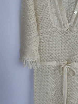 Christian Dior Cream Crochet Linen Jumpsuit With Drawstring Waistband and Shirt Collar Neckline Size FR 34 (UK 6)