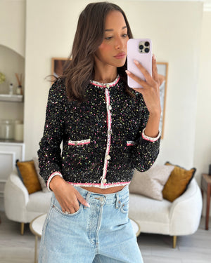 *SUPER HOT* Chanel 24 Black & Multicolour Sequin Cardigan with Pink & White Threads and CC Iridescent Logo Buttons Detail Size FR 36 (UK 8) RRP £5400