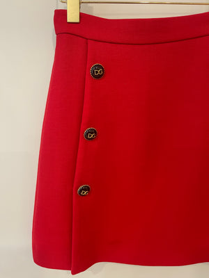 Dolce & Gabbana Red Wool Mini Skirt with Black and Gold Logo Buttons Size IT 38 (UK 6)