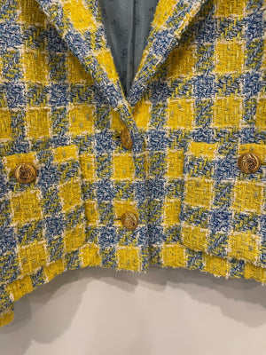 Gucci Yellow and Blue Embellished Tweed Jacket with Gold Logo Buttons Size IT 40 (UK 8) RRP £2,300