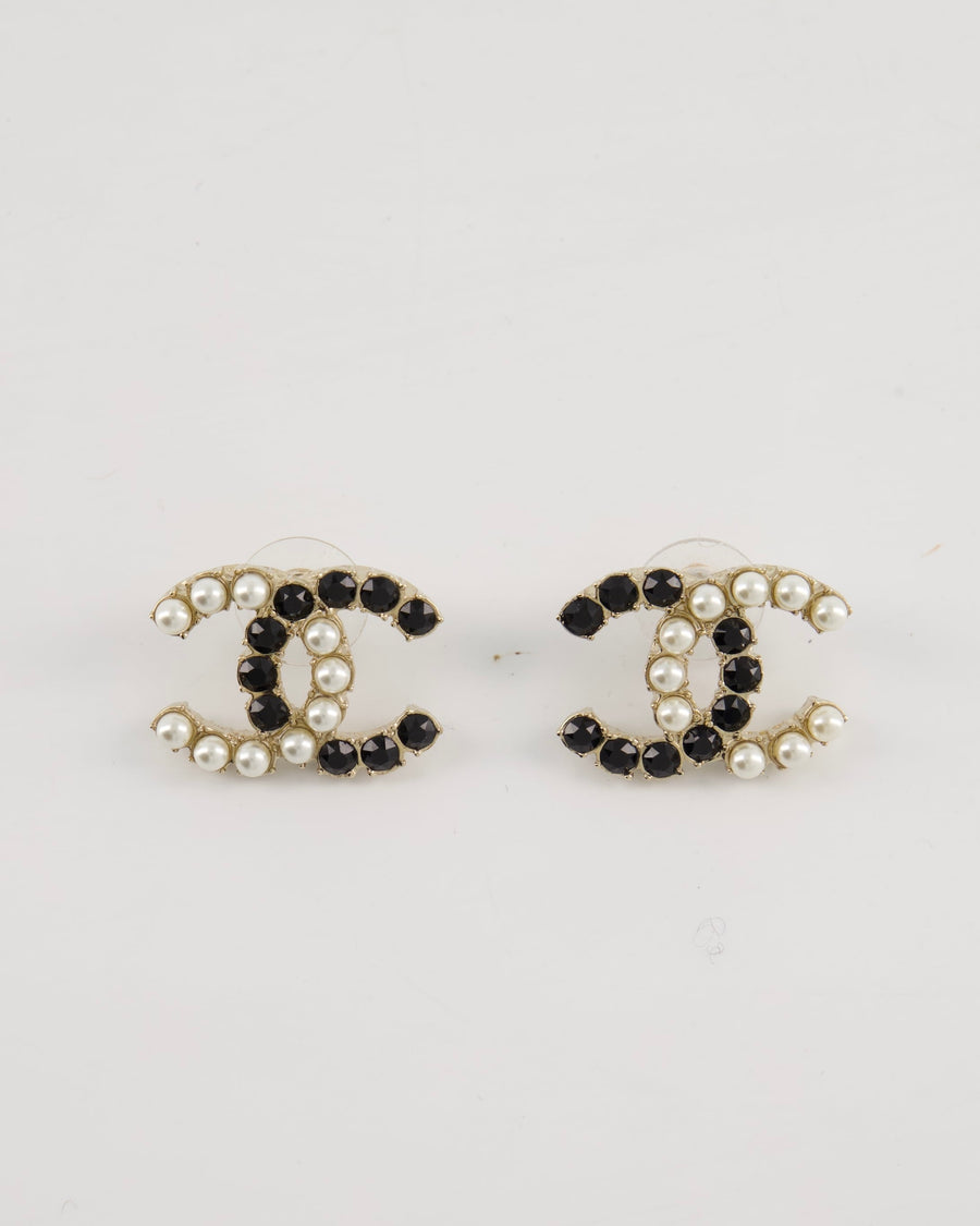 Chanel 20B Champagne Gold CC Earrings with Black & White Pearls