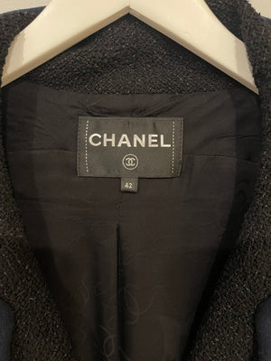 Chanel Black Tweed Jacket with Velcro and Navy Details Size FR 42 (UK 14)