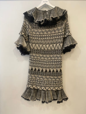 Chanel 2009 Paris-Moscow Black, Grey, Beige Wool and Mohair Mini Ruffle Dress Size FR 38 (UK 10) RRP £3,650