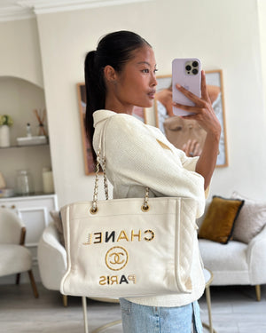 *HOT* Chanel White Small Deauville Tote Bag in Aged Calfskin Leather with Antique Gold Hardware and Pearl, Crystal Logo Detail