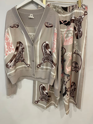 Hermès Grey Silk Wool Cardigan and Trousers Set with Printed Details Size FR 40 (UK 12)