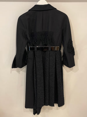 Chanel Black Wool Tweed-Panelled Coat with Fringes, Bow and Patent Leather Belt Detail Size FR 36 (UK 8)