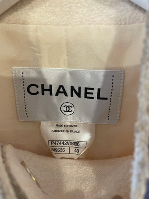 Chanel 14C Cream & Blue Tweed Long Sleeve Jacket with Gold CC Logo Details Size FR 40 (UK 12)