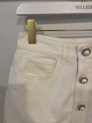 Alessandra Rich White Denim Mini Skirt with Pearl Button Details Size IT 40 (UK 8)