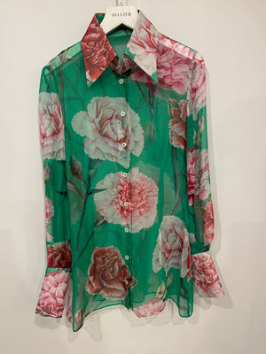 Dolce & Gabbana Green and Pink Floral Long Sleeve Silk Shirt IT 40 (UK 8)